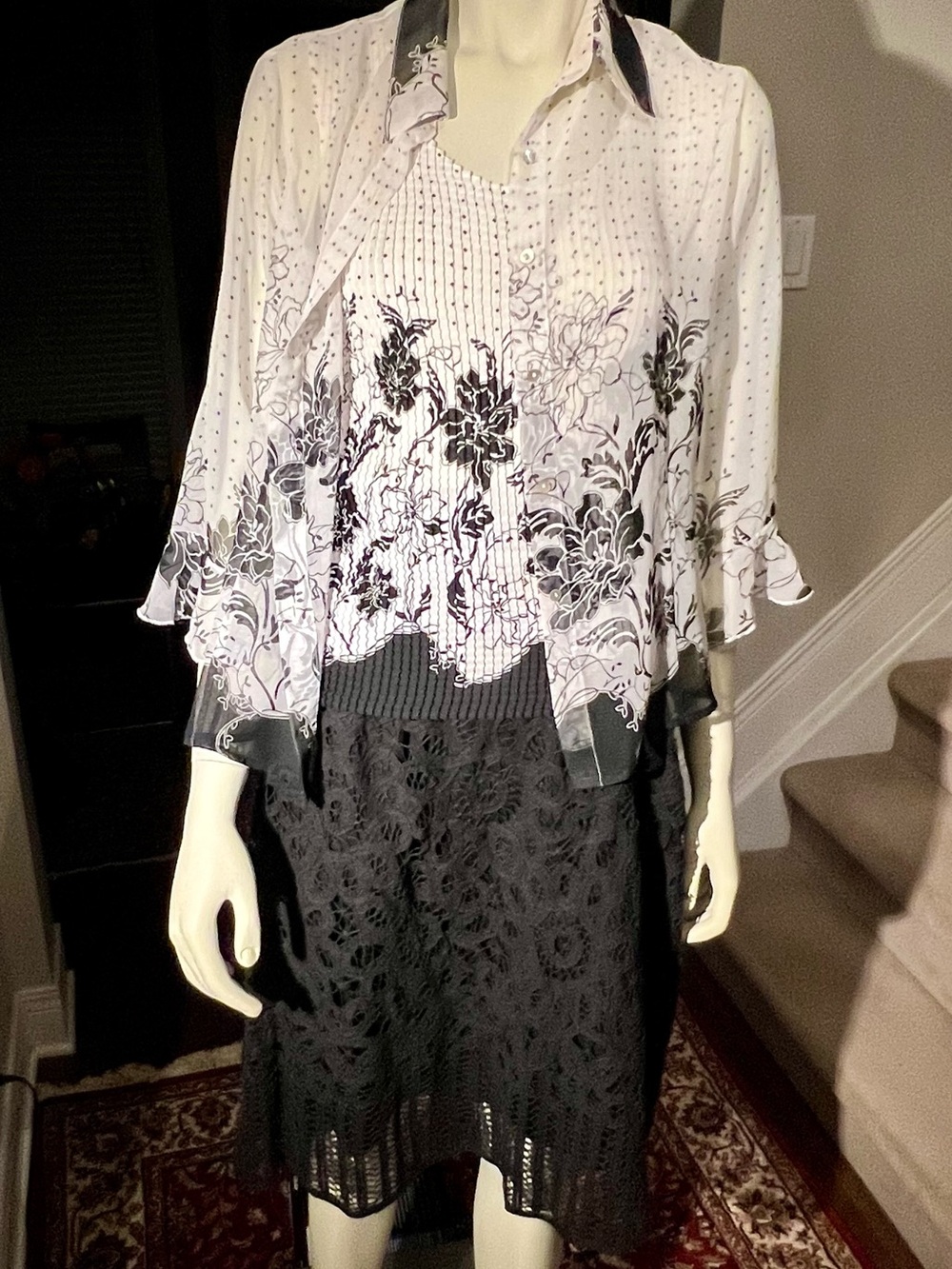 NICOLA Black & White Floral Pintuck Sheer Blouse